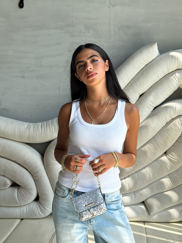 Mini Python-Print Shoulder Bag with Chunky - Silver