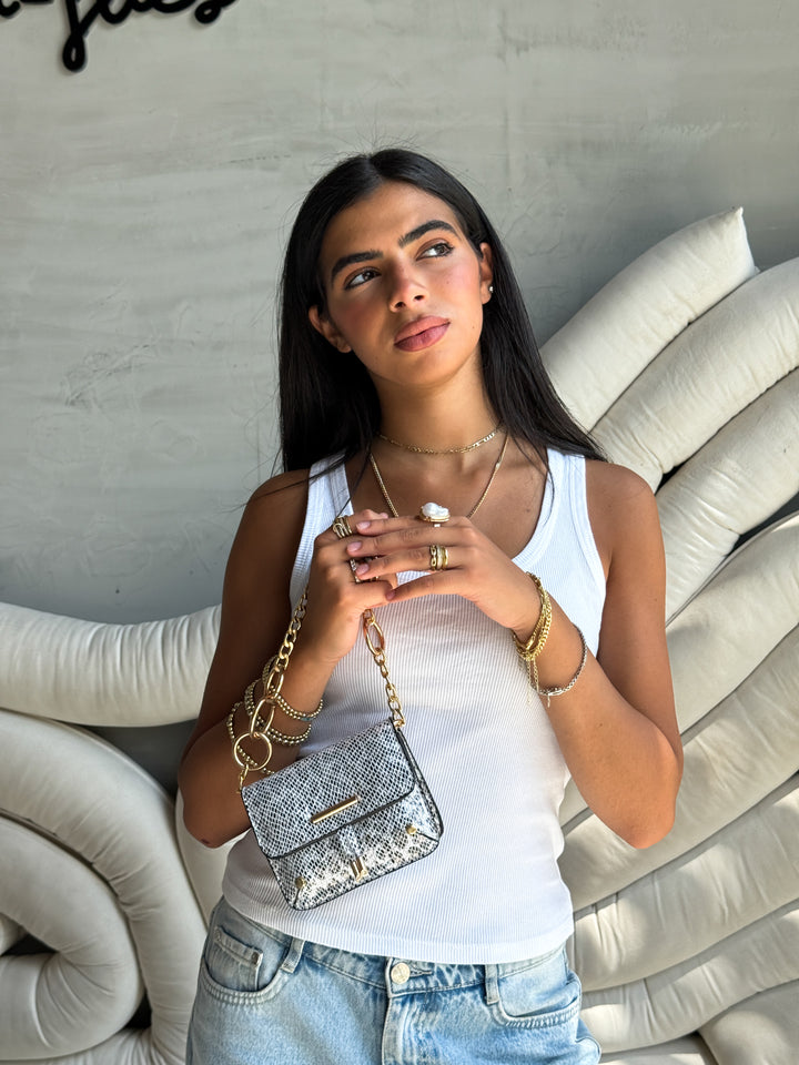 Mini Python-Print Shoulder Bag with Chunky - Silver