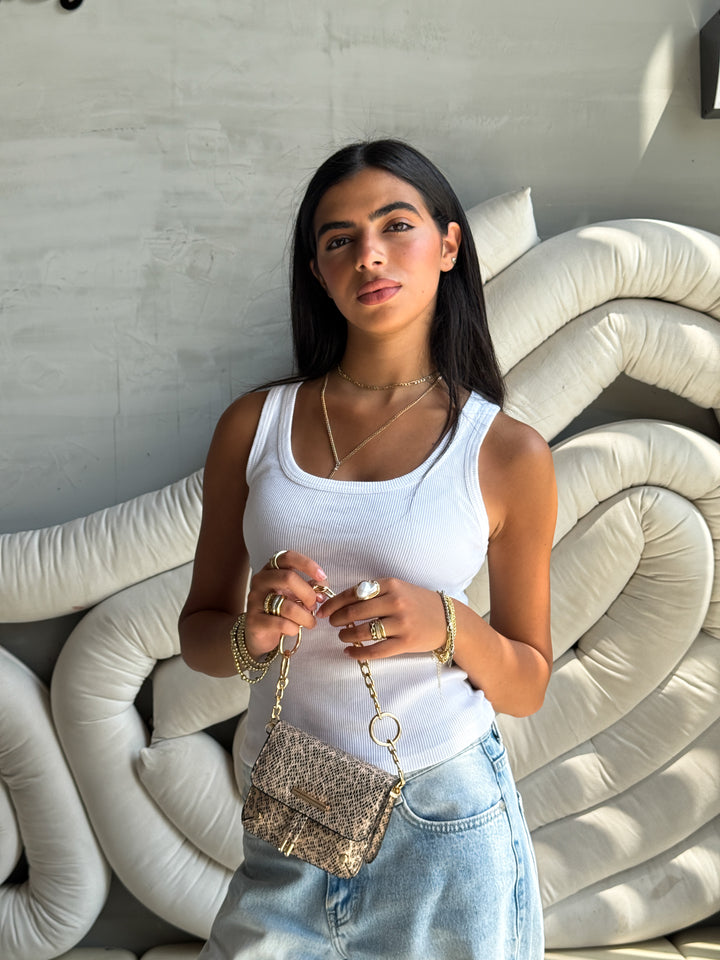 Mini Python-Print Shoulder Bag with Chunky - Rose Gold