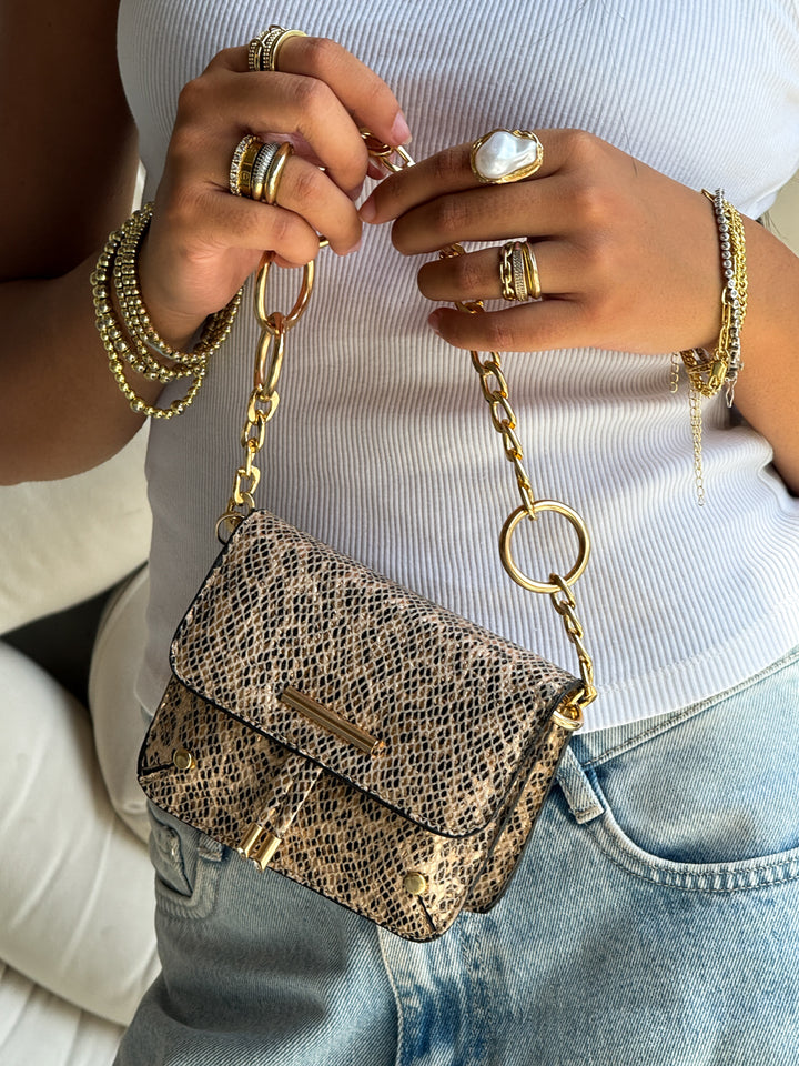 Mini Python-Print Shoulder Bag with Chunky - Rose Gold