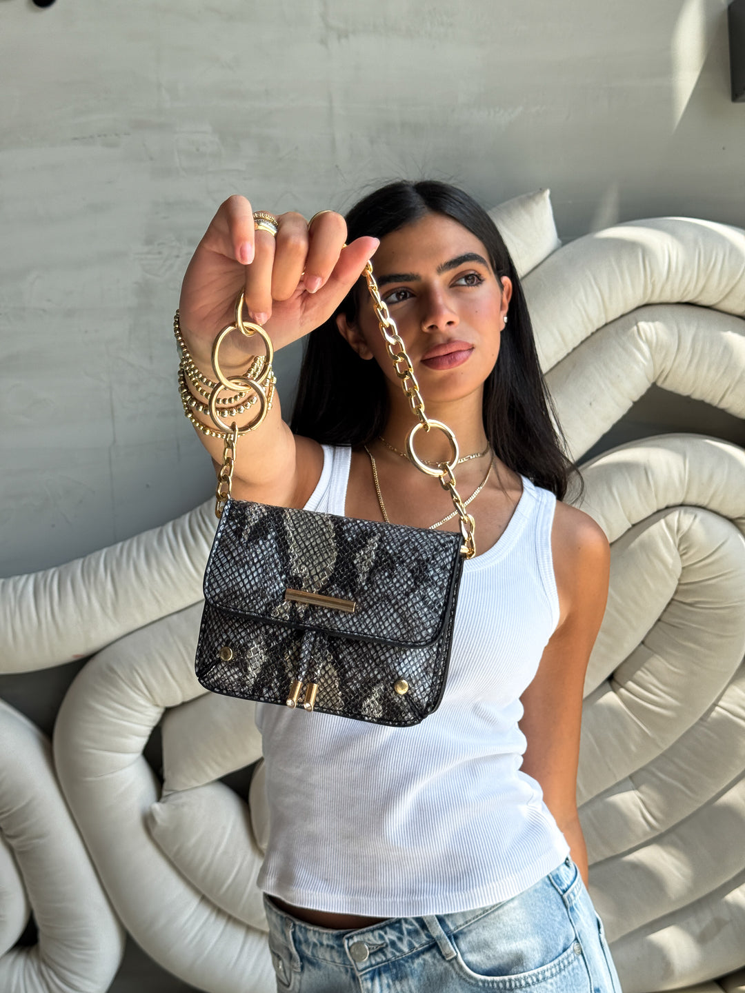 Mini Faux Snake-Skin Crossbody Bag - Black