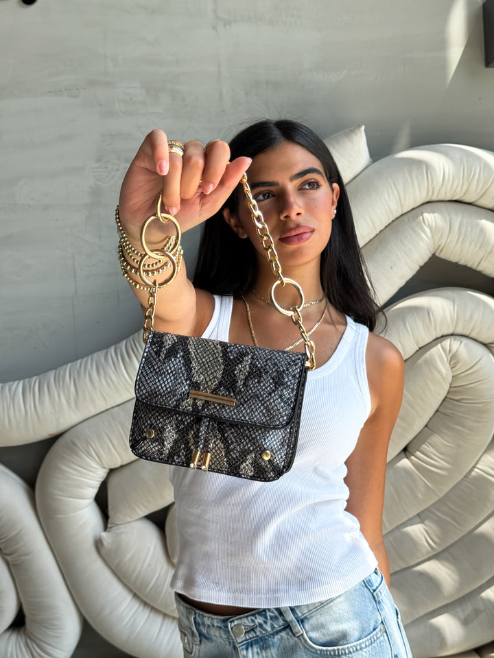 Mini Faux Snake-Skin Crossbody Bag - Black