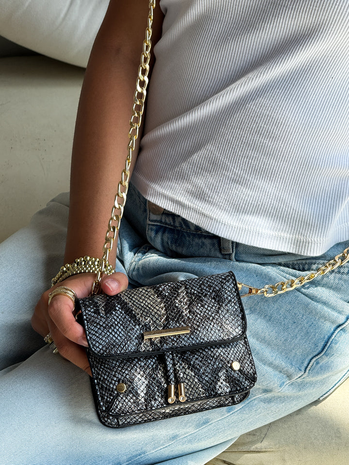 Mini Faux Snake-Skin Crossbody Bag - Black
