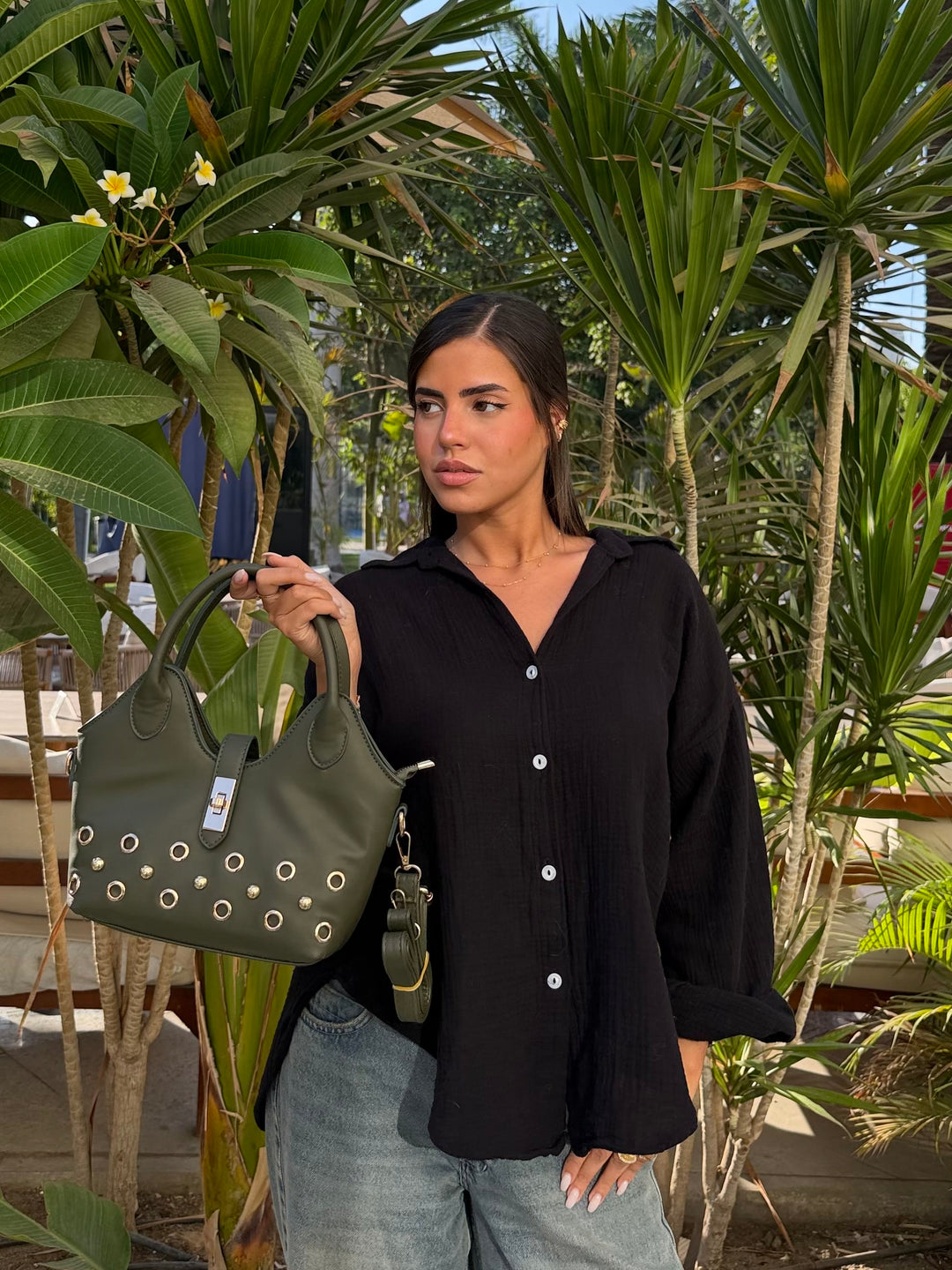 The Raven Studded Satchel Leather Shoulder Bag - Olive