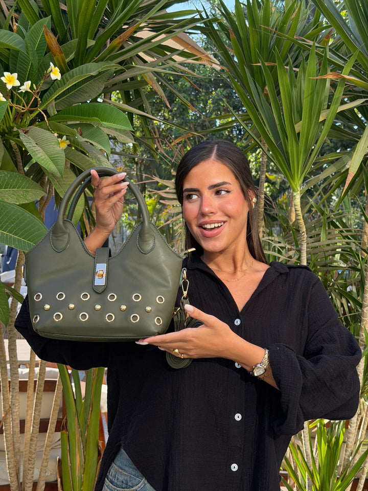 The Raven Studded Satchel Leather Shoulder Bag - Olive