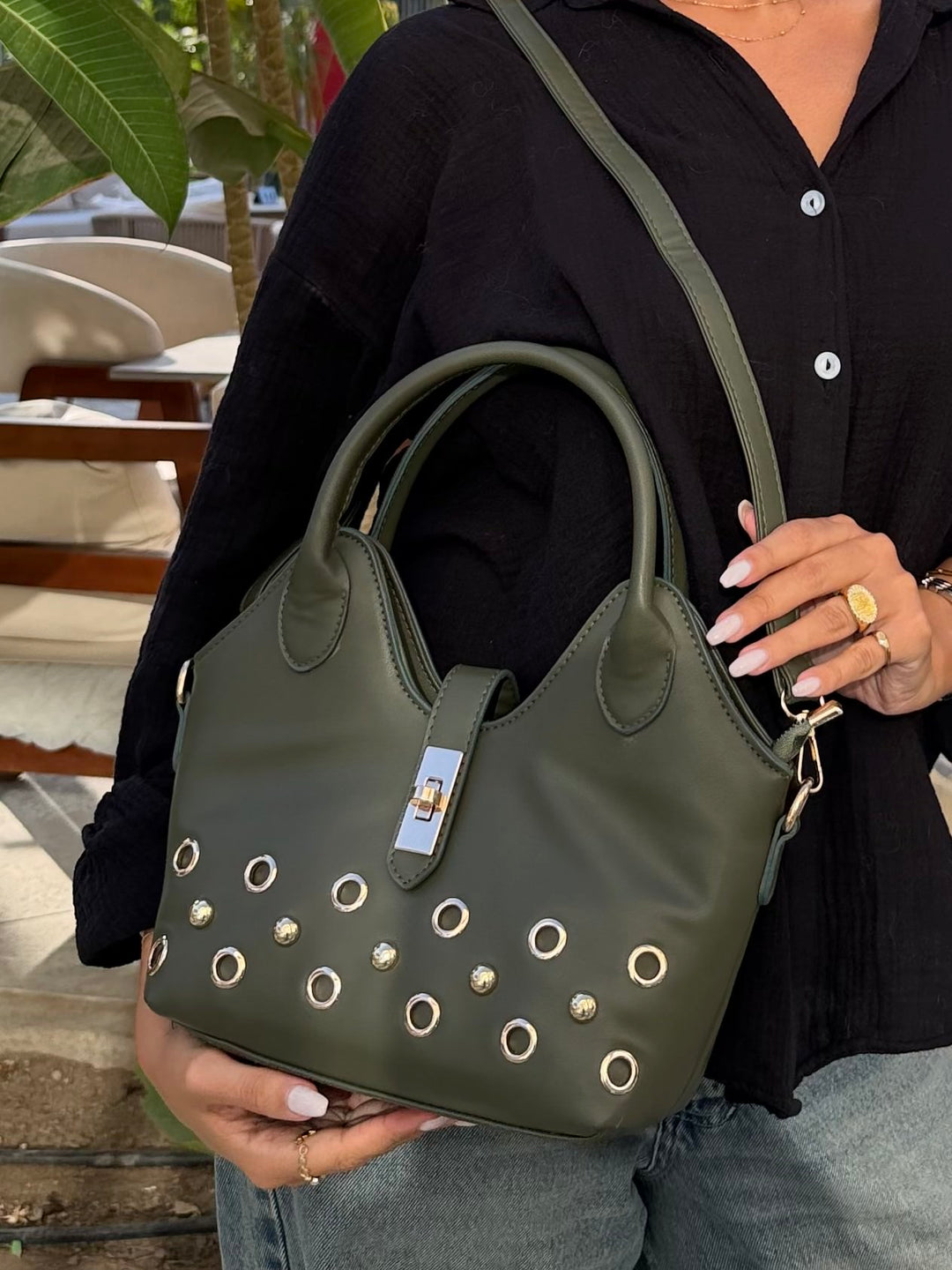The Raven Studded Satchel Leather Shoulder Bag - Olive