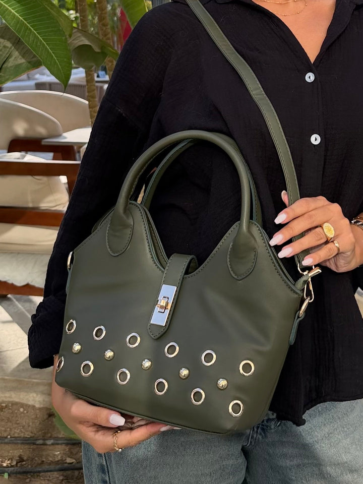 The Raven Studded Satchel Leather Shoulder Bag - Olive