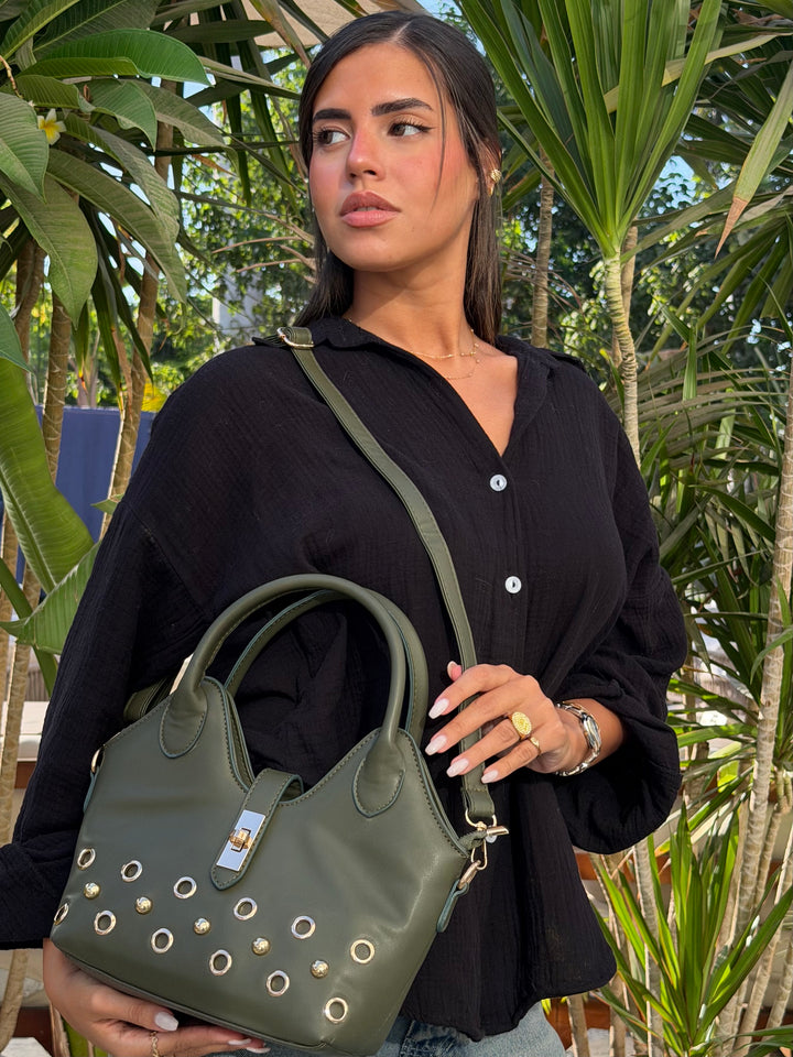 The Raven Studded Satchel Leather Shoulder Bag - Olive