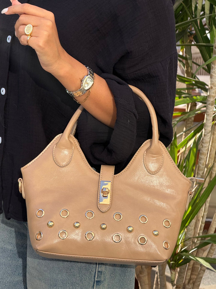 The Raven Studded Satchel Leather Shoulder Bag - Caffe