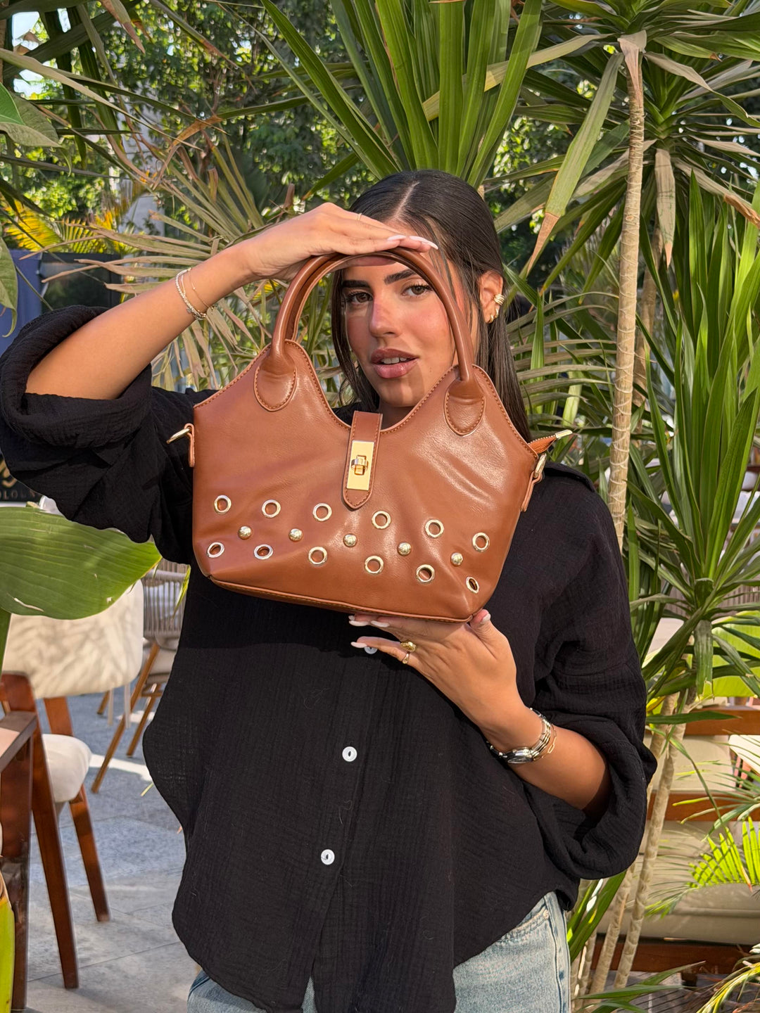 The Raven Studded Satchel Leather Shoulder Bag - Havane