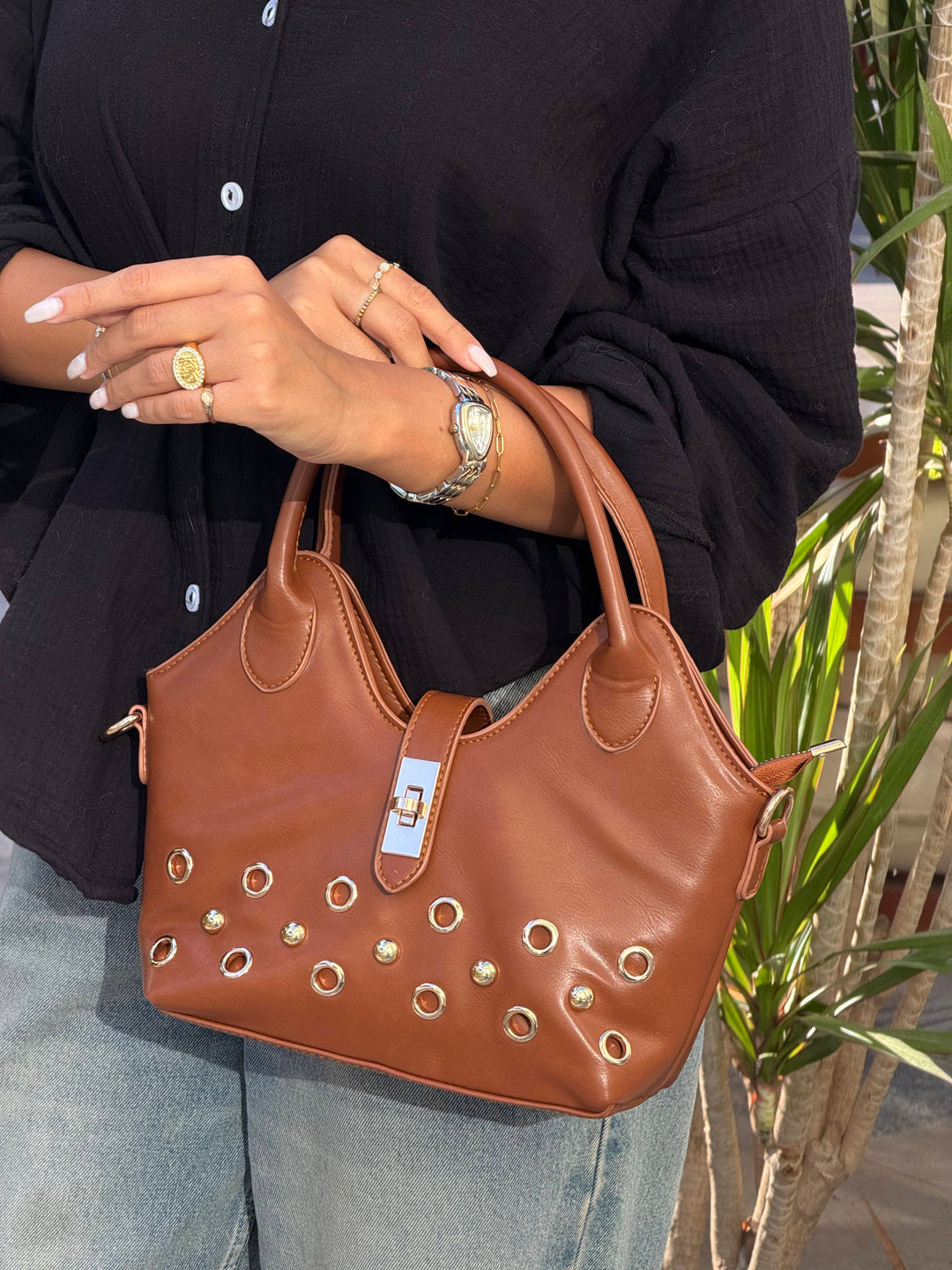 The Raven Studded Satchel Leather Shoulder Bag - Havane