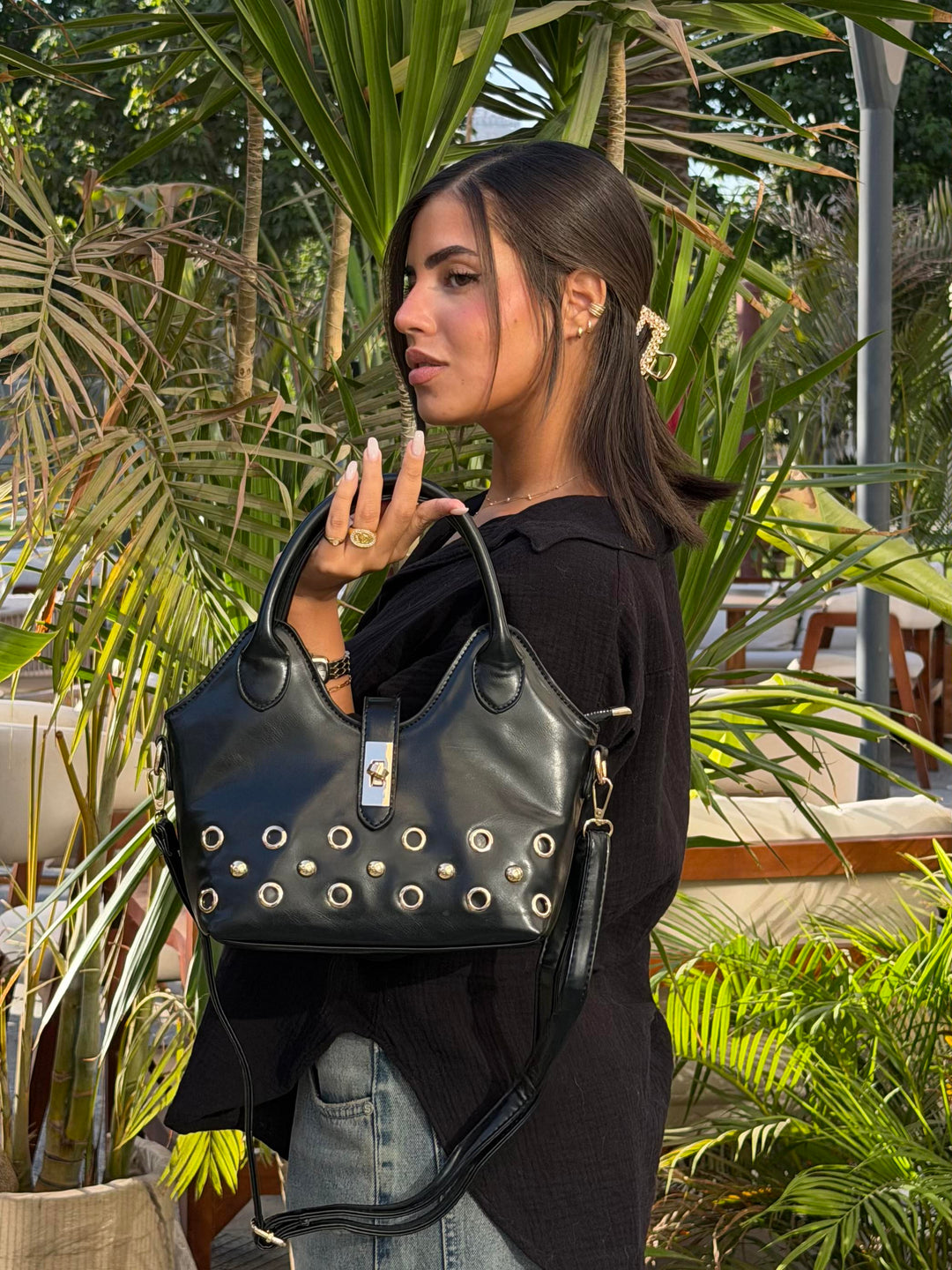 The Raven Studded Satchel Leather Shoulder Bag - Black
