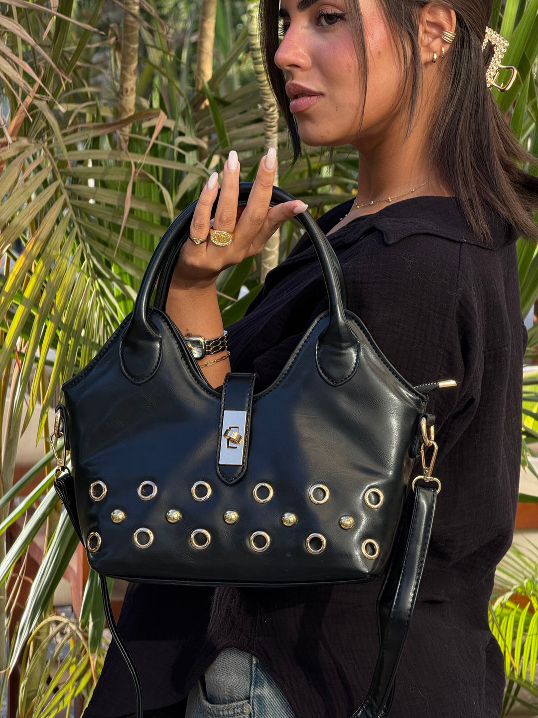 The Raven Studded Satchel Leather Shoulder Bag - Black
