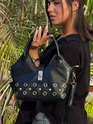 The Raven Studded Satchel Leather Shoulder Bag - Black