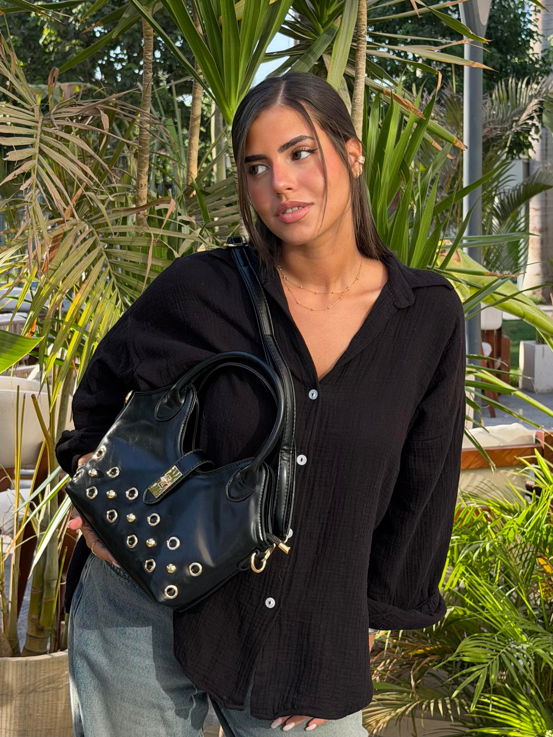 The Raven Studded Satchel Leather Shoulder Bag - Black