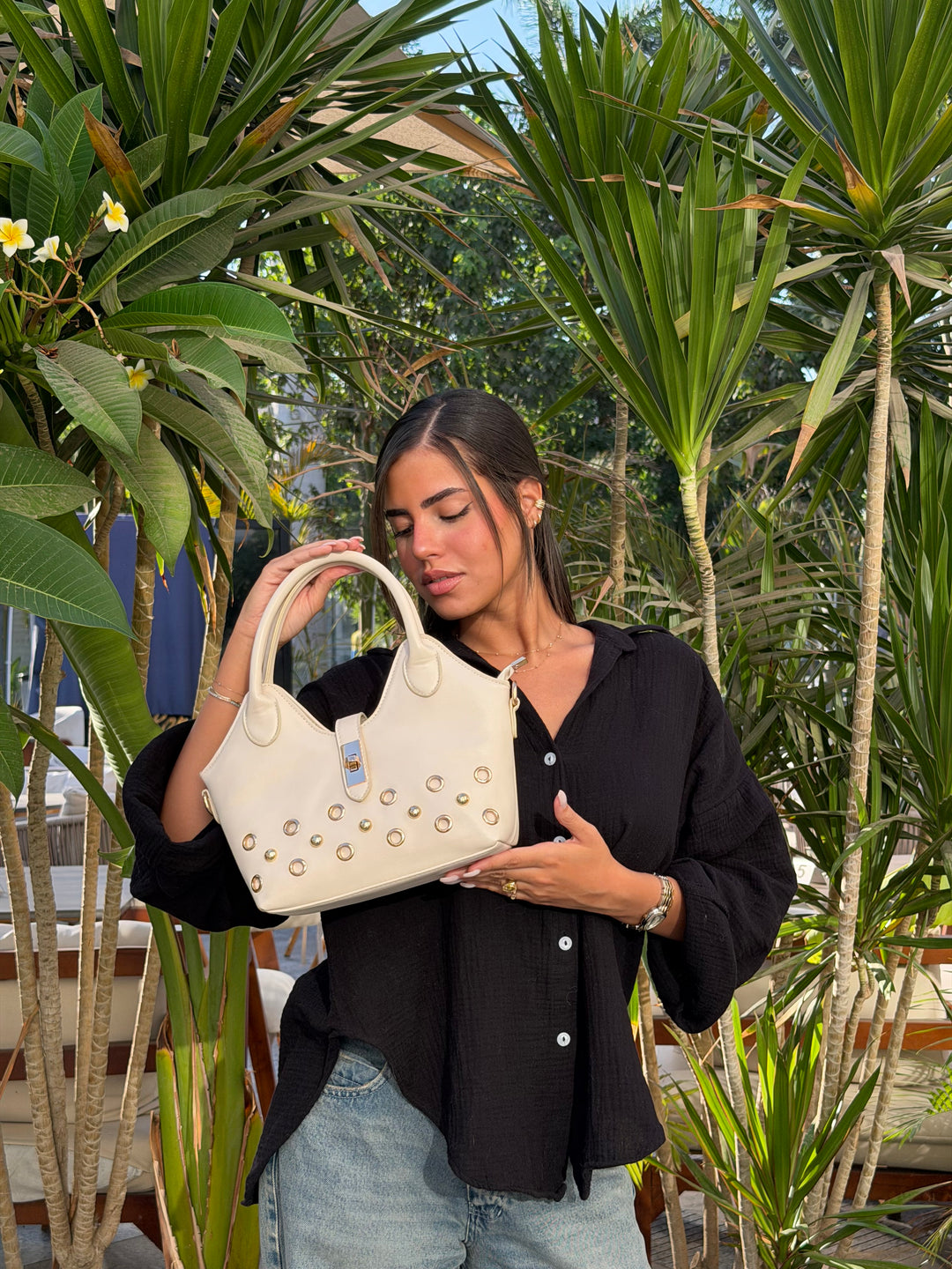 The Raven Studded Satchel Leather Shoulder Bag - Beige