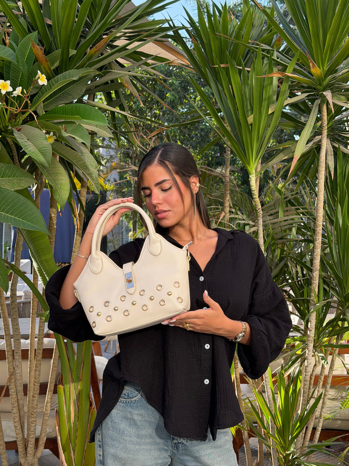 The Raven Studded Satchel Leather Shoulder Bag - Beige