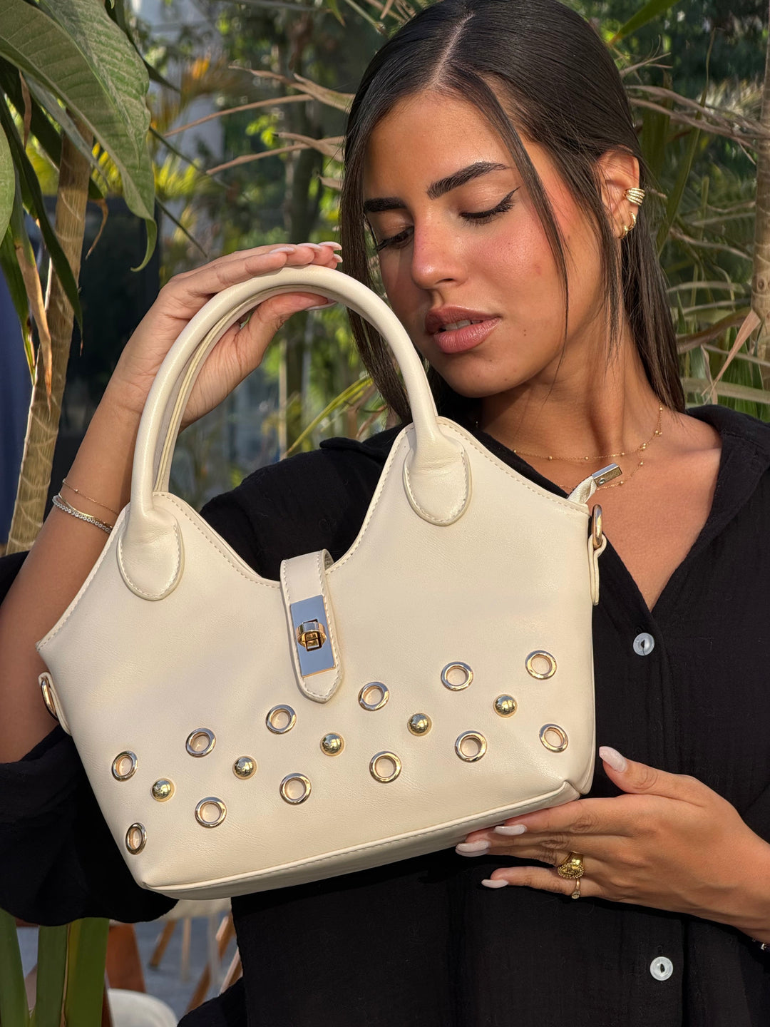 The Raven Studded Satchel Leather Shoulder Bag - Beige