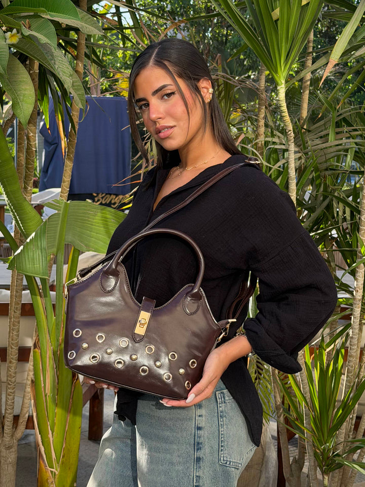 The Raven Studded Satchel Leather Shoulder Bag - Brown