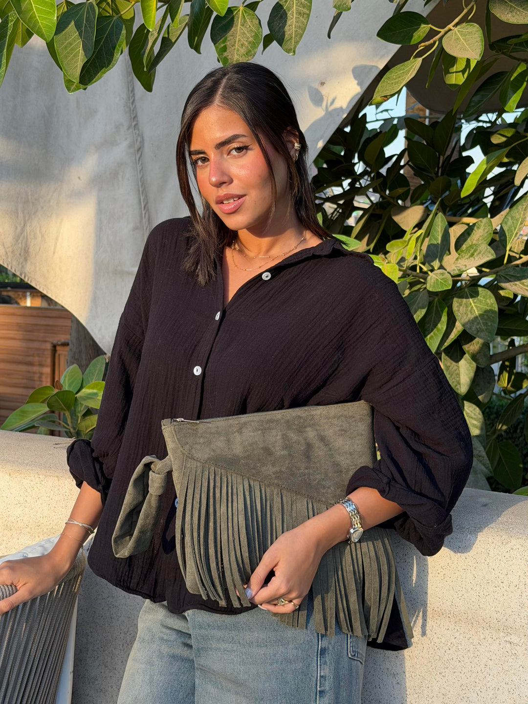 The Paloma Fringe Suede Clutch - Olive