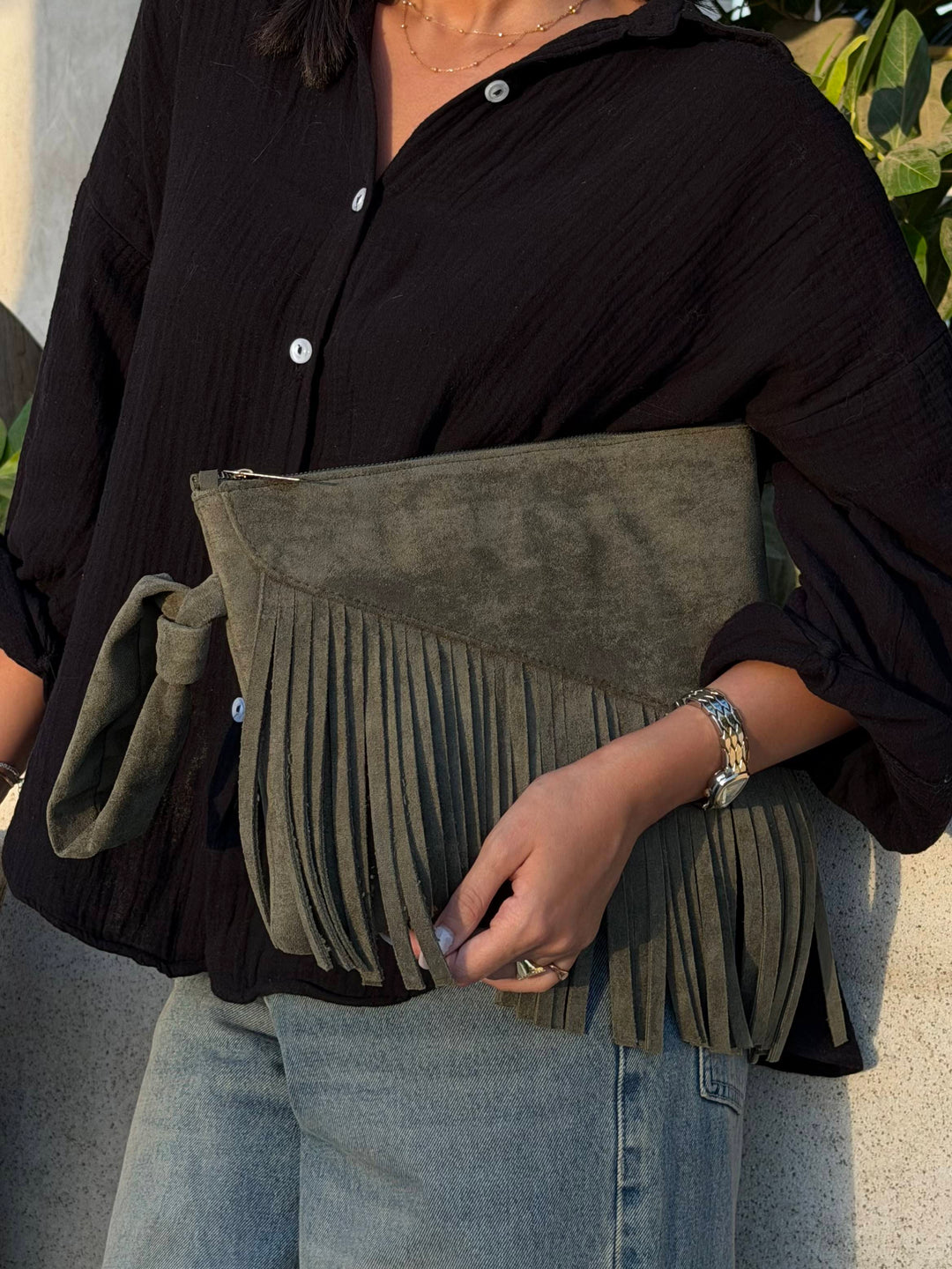 The Paloma Fringe Suede Clutch - Olive