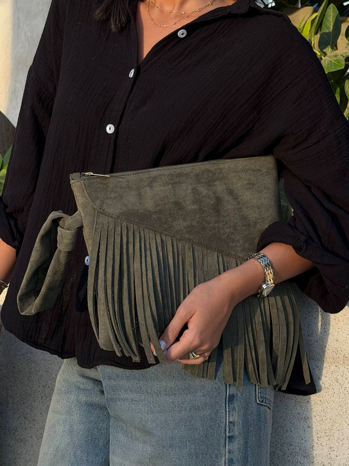The Paloma Fringe Suede Clutch - Olive