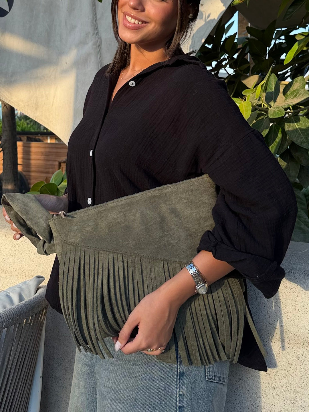 The Paloma Fringe Suede Clutch - Olive