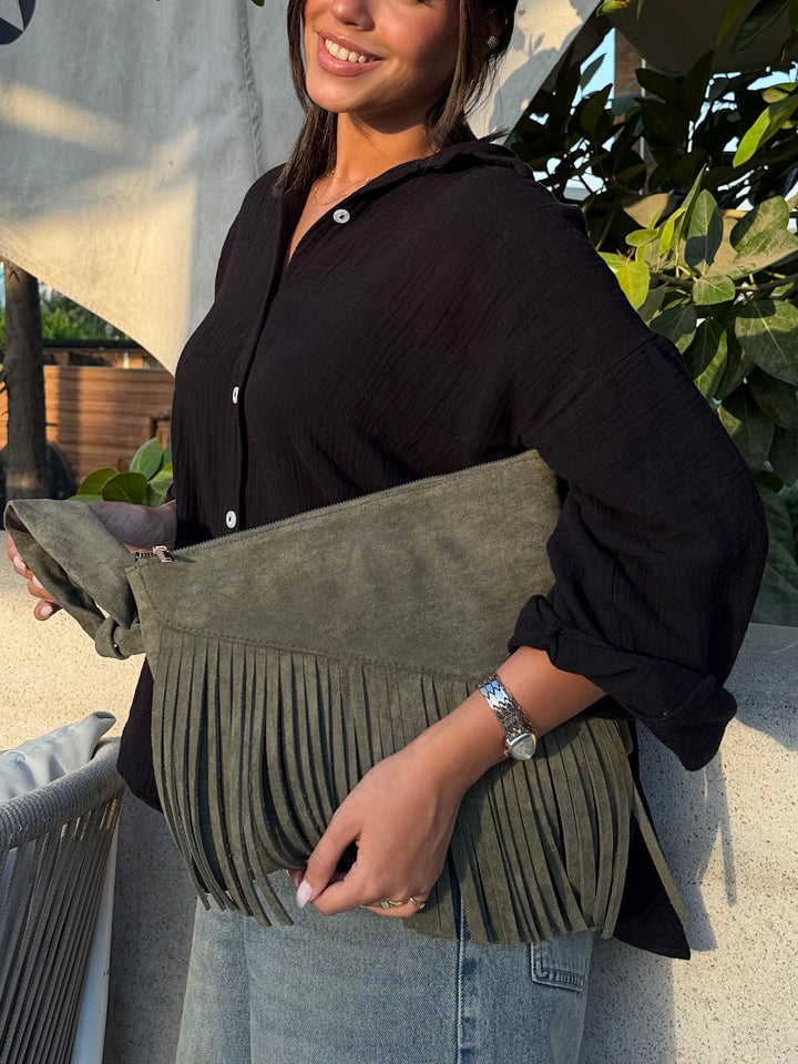 The Paloma Fringe Suede Clutch - Olive