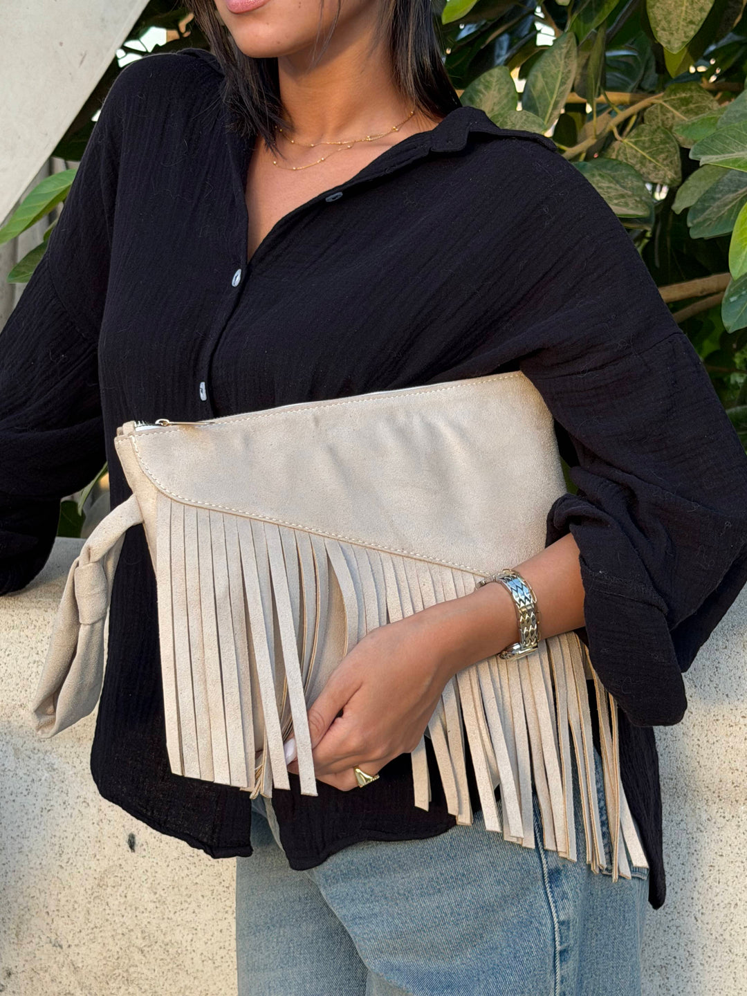 The Paloma Fringe Suede Clutch - Beige