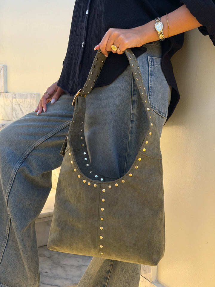 The Stella Studded Suede Hobo Bag - Olive