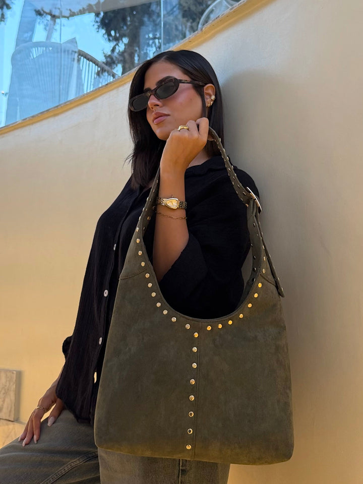The Stella Studded Suede Hobo Bag - Olive