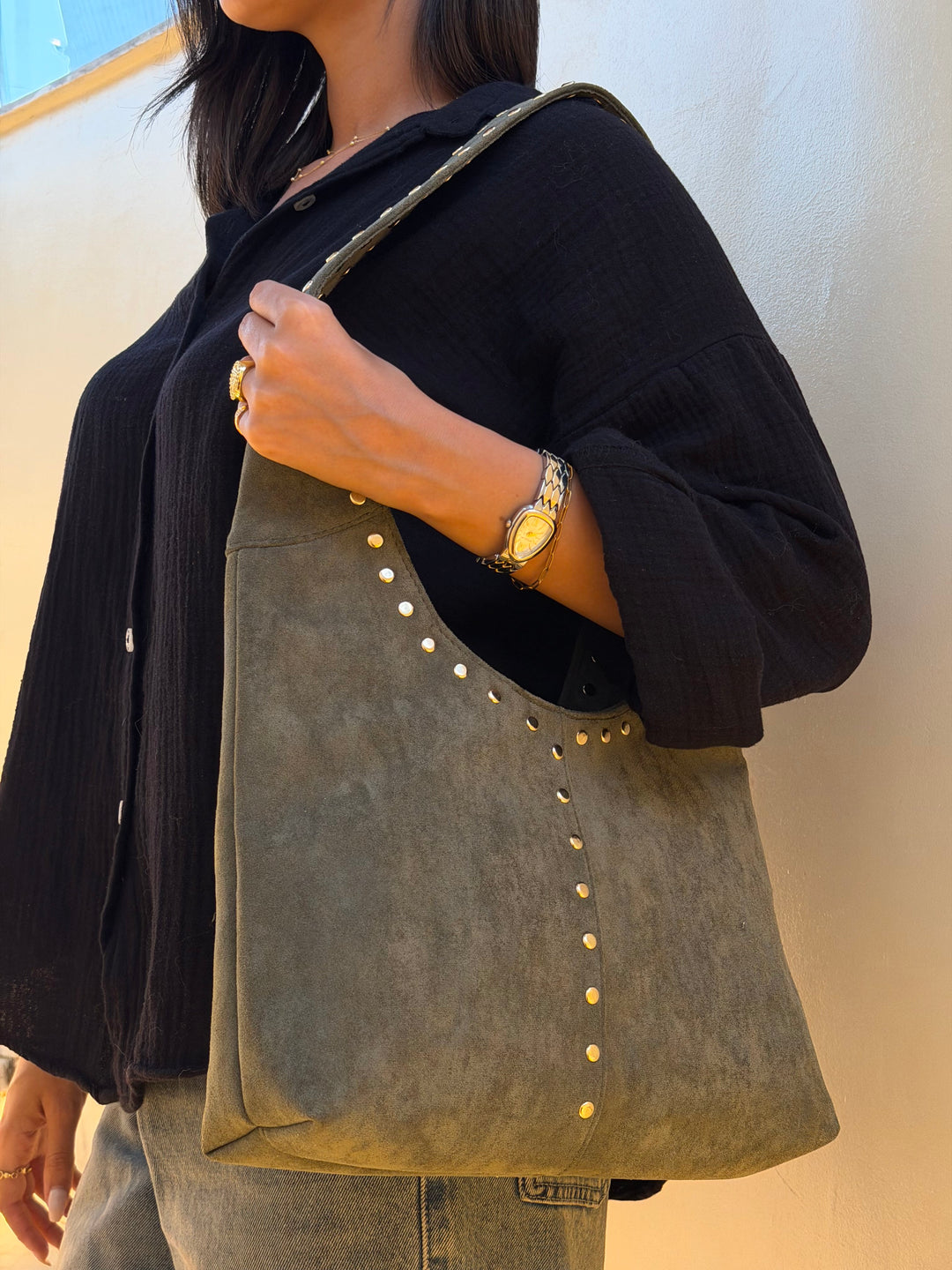 The Stella Studded Suede Hobo Bag - Olive