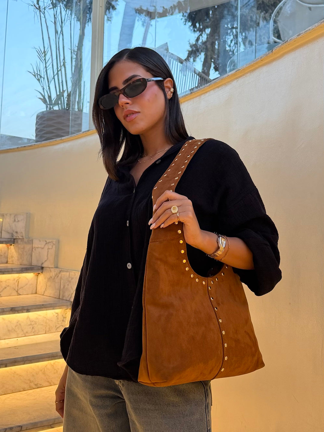 The Stella Studded Suede Hobo Bag - Havane