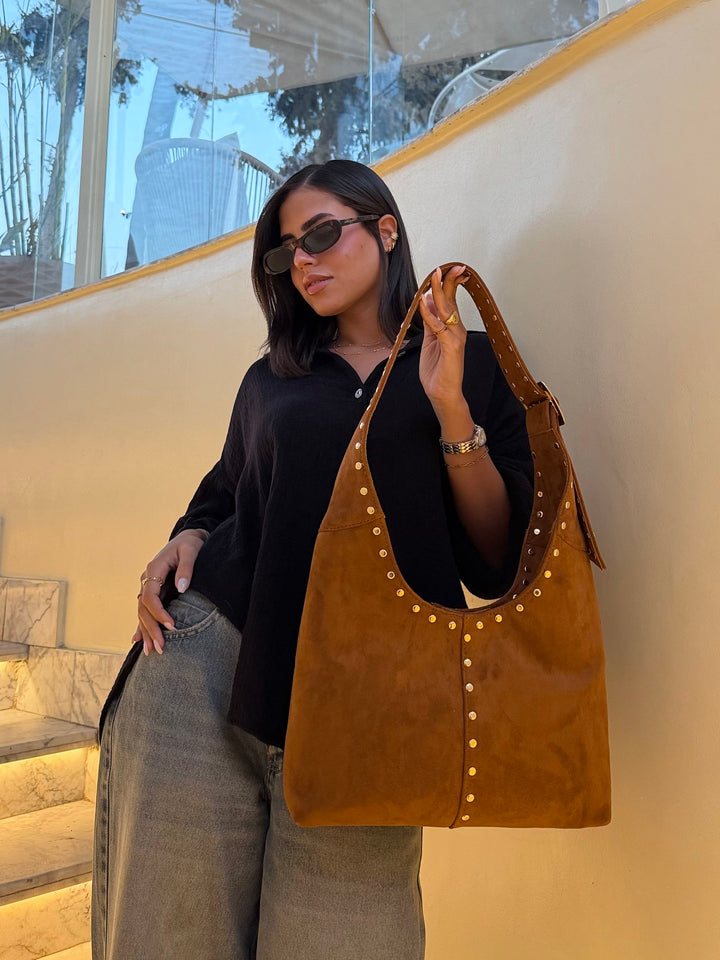 The Stella Studded Suede Hobo Bag - Havane