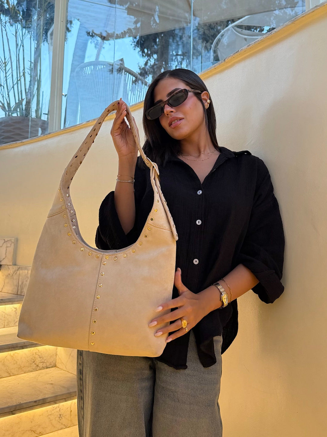 The Stella Studded Suede Hobo Bag - Beige