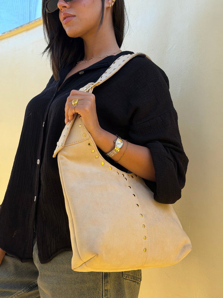 The Stella Studded Suede Hobo Bag - Beige