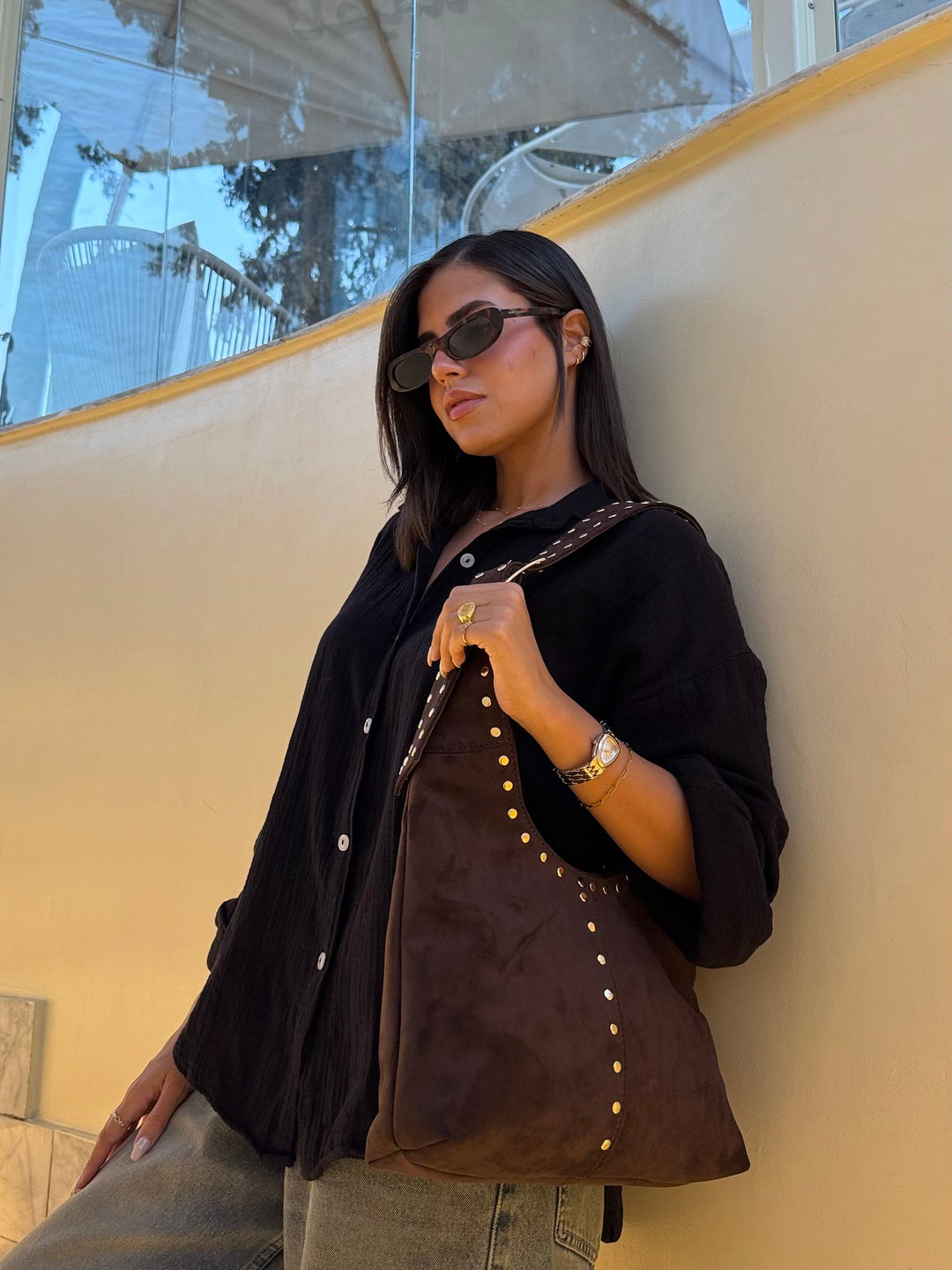 The Stella Studded Suede Hobo Bag - Brown