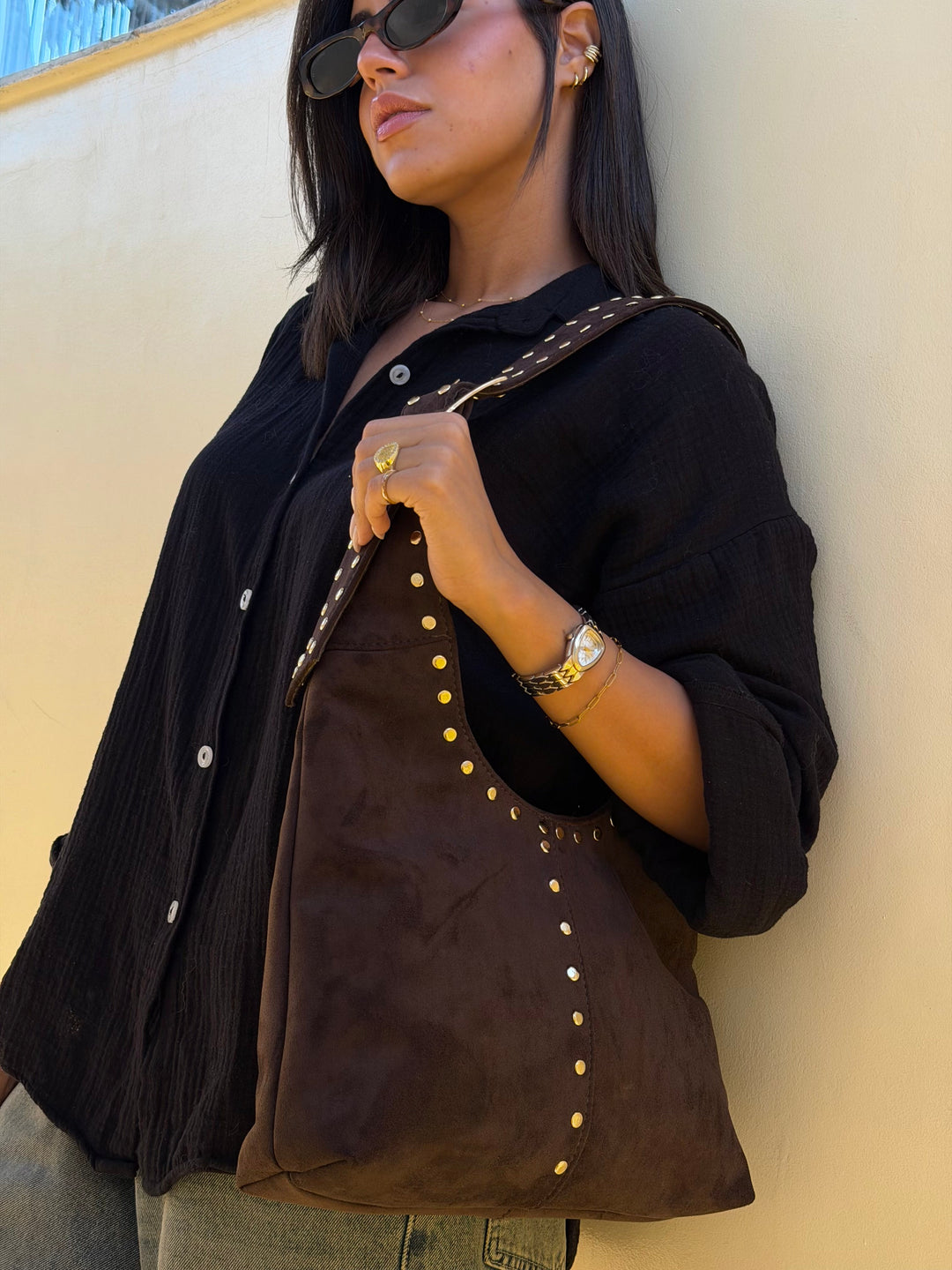 The Stella Studded Suede Hobo Bag - Brown
