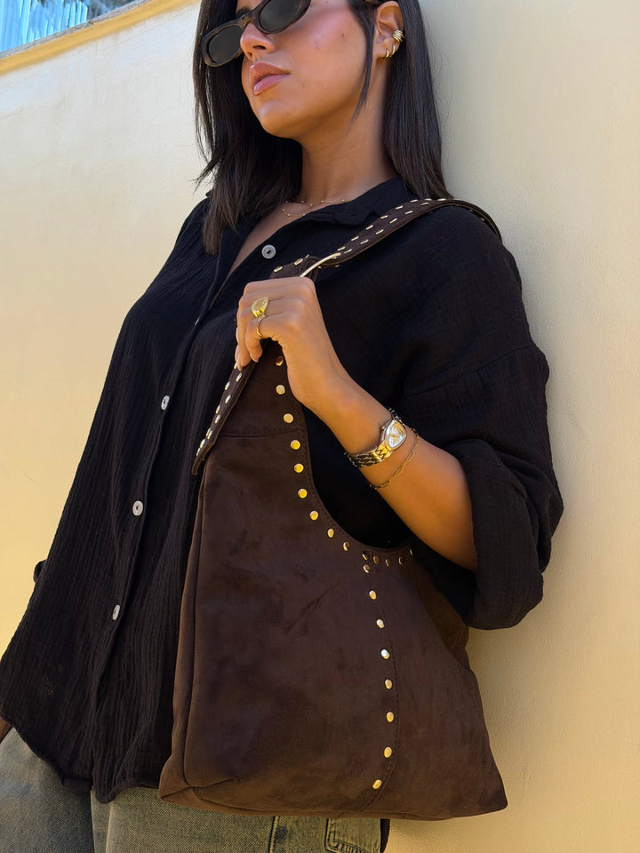 The Stella Studded Suede Hobo Bag - Brown