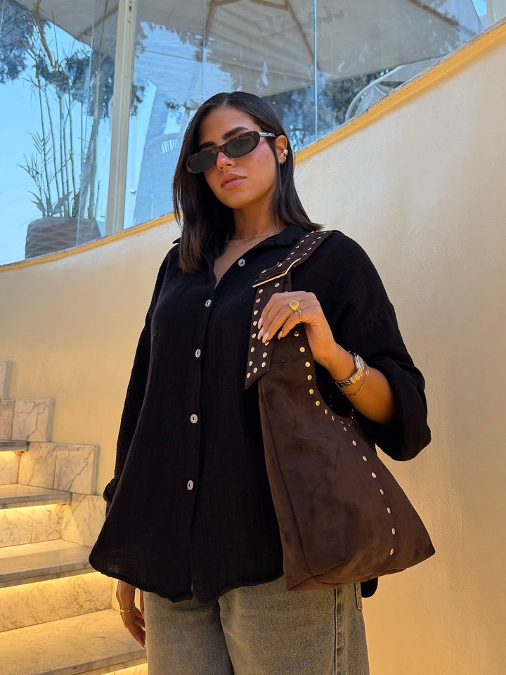 The Stella Studded Suede Hobo Bag - Brown