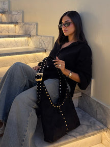 The Stella Studded Suede Hobo Bag - Black