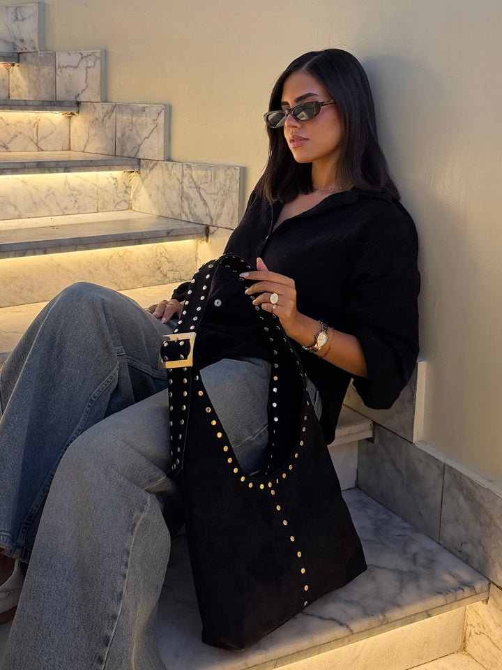 The Stella Studded Suede Hobo Bag - Black