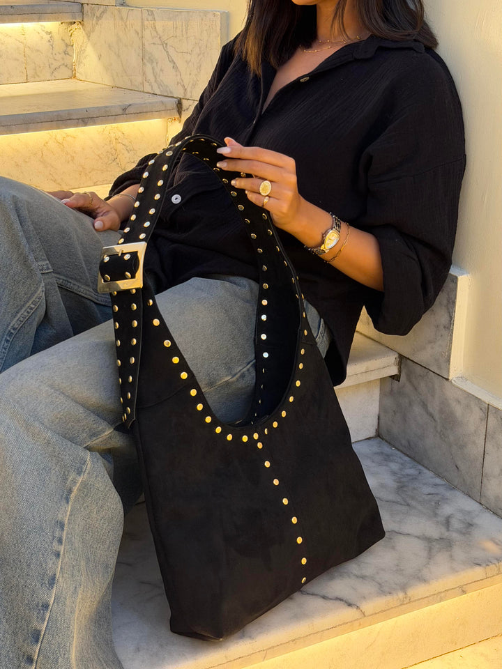 The Stella Studded Suede Hobo Bag - Black