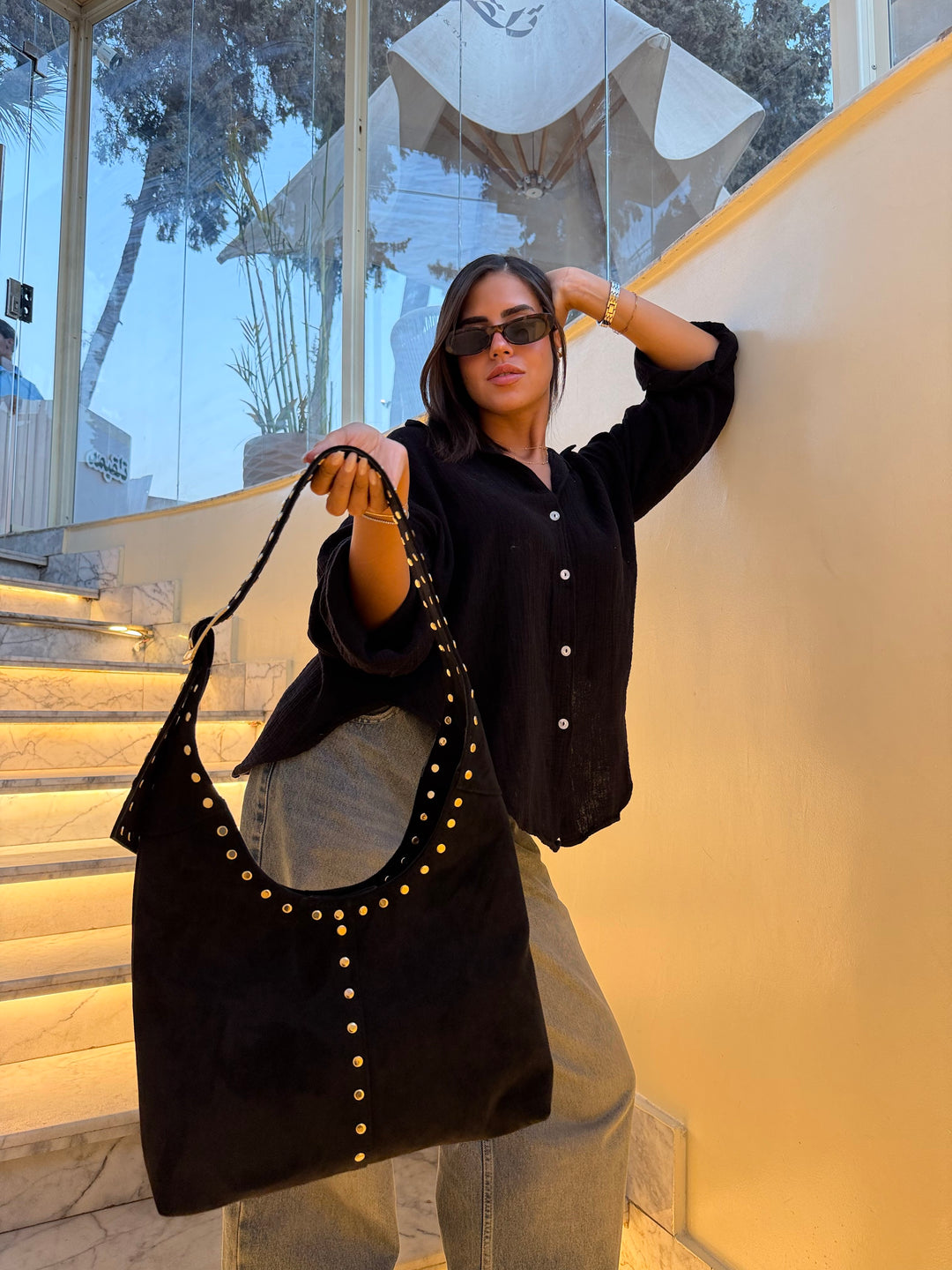 The Stella Studded Suede Hobo Bag - Black
