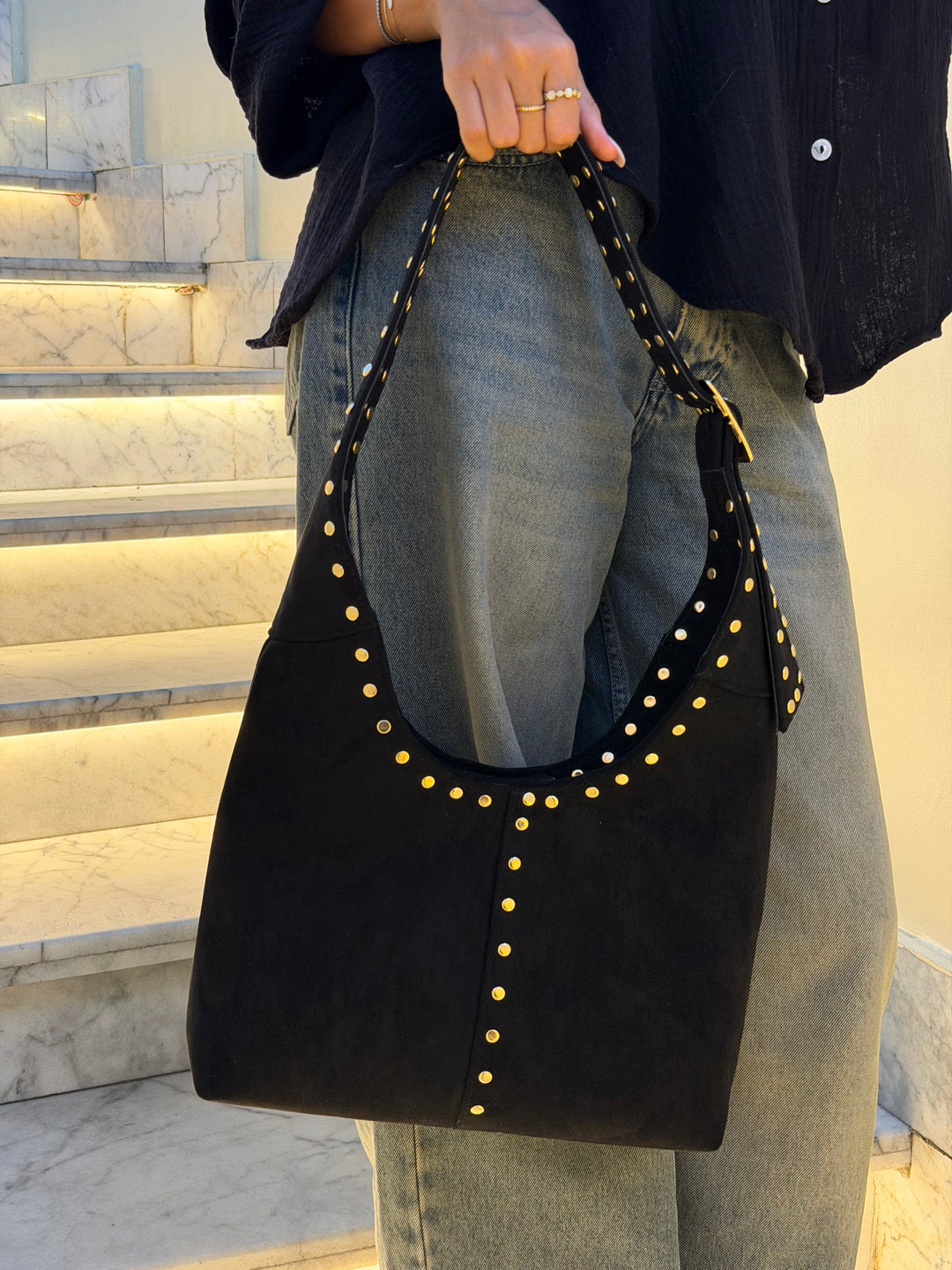 The Stella Studded Suede Hobo Bag - Black
