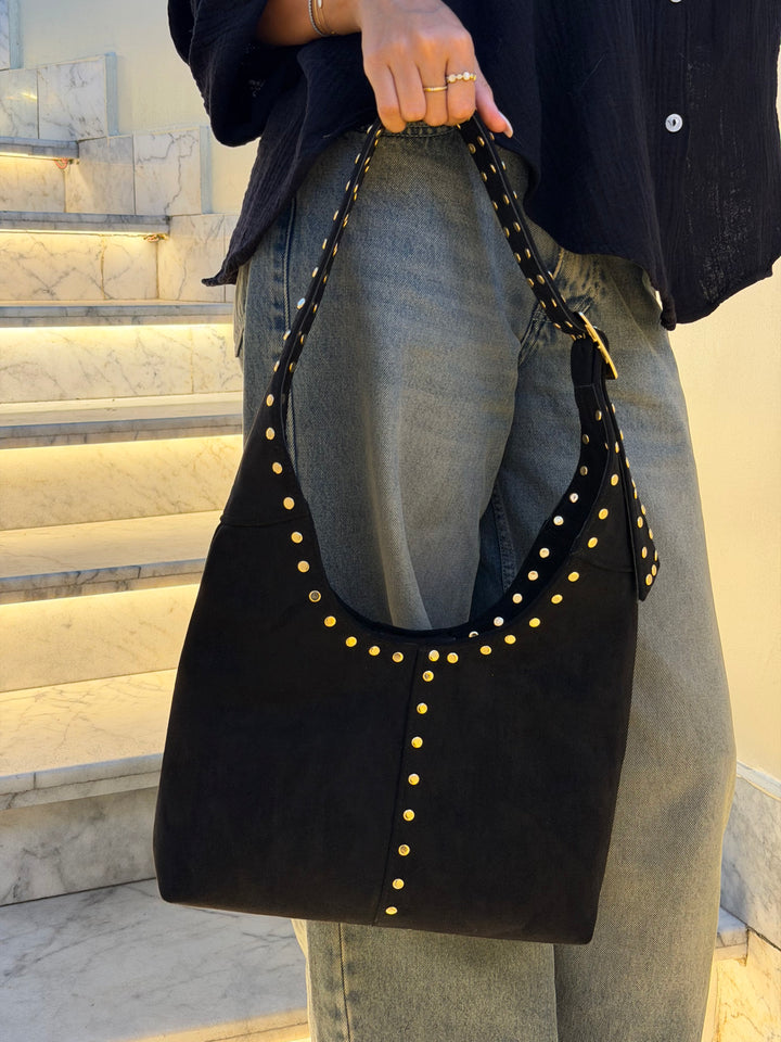 The Stella Studded Suede Hobo Bag - Black