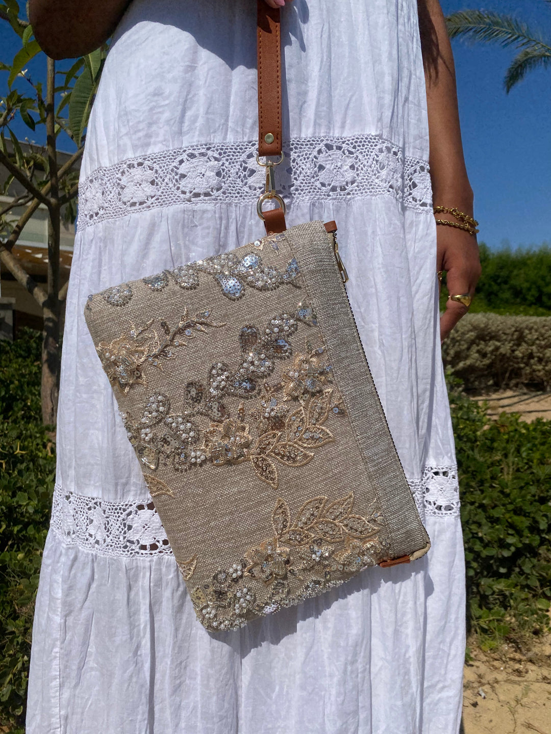 Luna Bloom Embroidered Shoulder Clutch