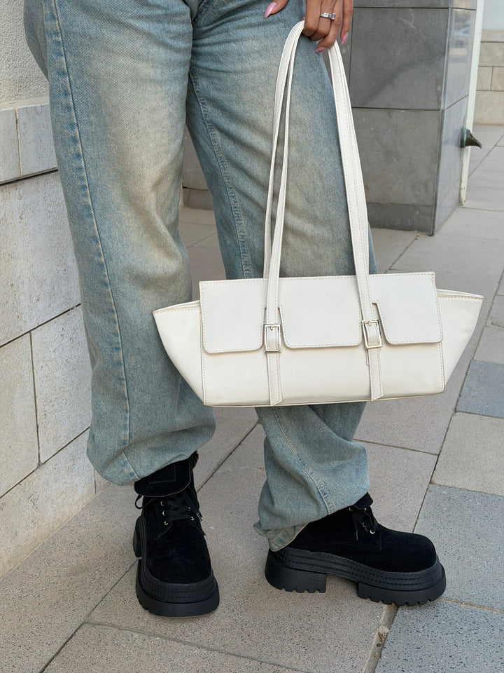 The Sloan Structured Leather Shoulder Bag - Beige