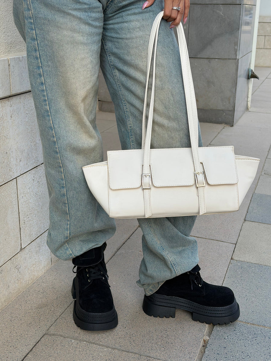 The Sloan Structured Leather Shoulder Bag - Beige
