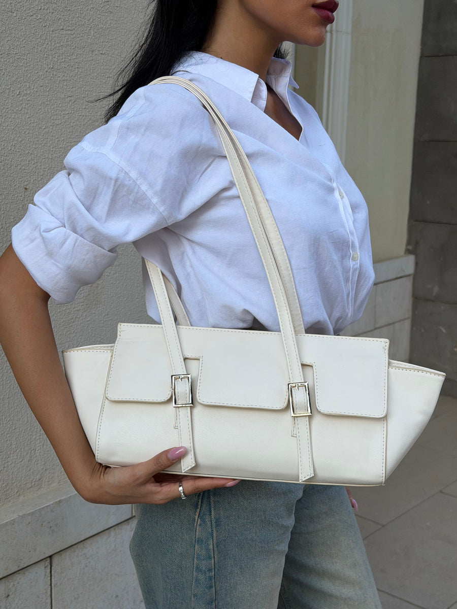 The Sloan Structured Leather Shoulder Bag - Beige